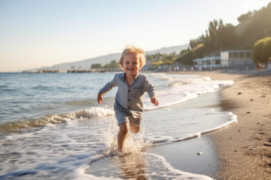 Happy young boy running on shore at beach. Generative AI