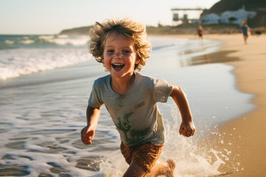 Happy young boy running on shore at beach. Generative AI