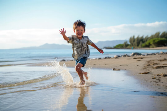 Happy young boy running on shore at beach and waving. Generative AI