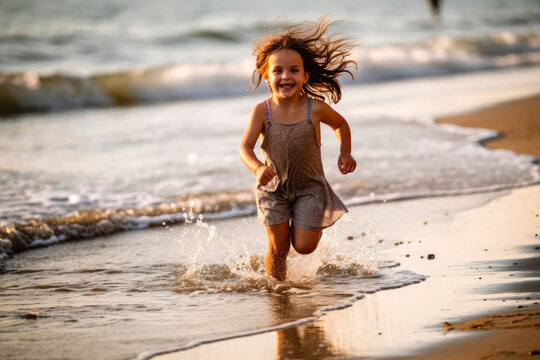 Happy young girl running on shore at beach. Generative AI