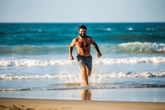 Happy man running on shore at beach, splashing some water. Generative AI
