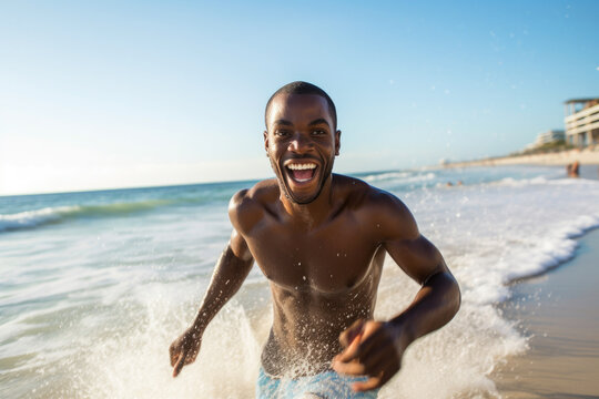 Happy African American man running on shore at beach, splashing some water. Generative AI