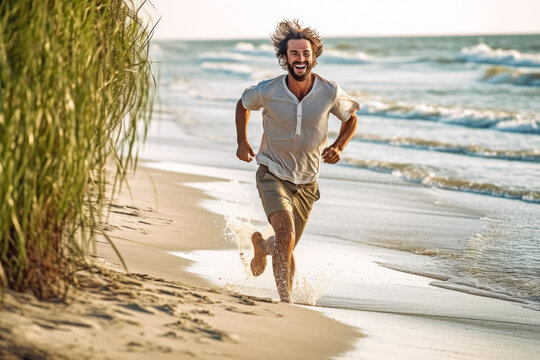 Happy man running on shore at beach, splashing some water. Generative AI
