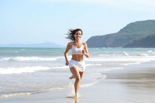 Happy woman running on shore at beach, splashing some water. Generative AI
