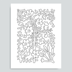 Vector black and white colorin page for colouring book. Leafs and flowers in monocrome colors