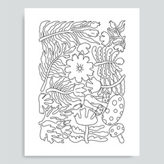 Vector black and white colorin page for colouring book. Leafs and flowers in monocrome colors