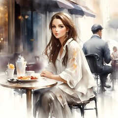 Obraz na płótnie Canvas Enchanting Oil Painting of a Beautiful Girl Enjoying Coffee Outdoors