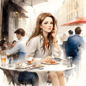 Breathtaking Artwork of a Beautiful Girl at an Outdoor Cafe, Oil Painting, Scenic Outdoor Cafe Setting