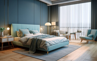 Serene cyan and beige bedroom with textured accents and soft lighting , Generative AI	
