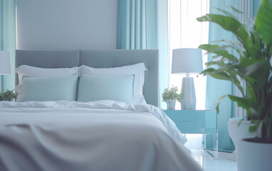 Serene cyan and white bedroom with minimalistic decor and plants, Generative AI	
