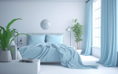 Serene cyan and white bedroom with minimalistic decor and plants, Generative AI	