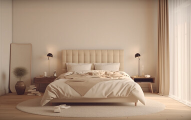 Fototapeta na wymiar Serene Ivory Bedroom with Modern Minimalist Decor, Generative AI 