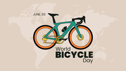 World Bicycle Day Poster with summer touring bike, world map, and text art in trendy vector illustration. Bicycle color linead icon. Green bike isolated on beige background. Bicycle Day Poster, June 3