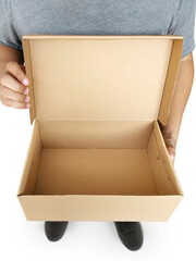 Delivery man holding cardboard boxes transparent background