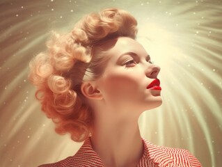 50s style portrait of a blond woman with red lipstick with creative background, generative ai