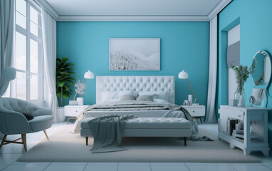 Stylish cyan and white bedroom design with geometric accents, Generative AI	
