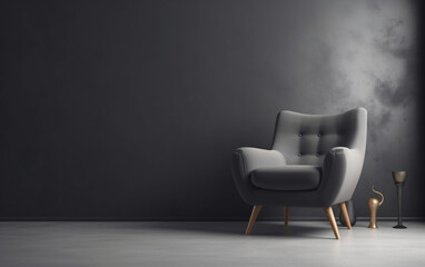 Gray armchair in contemporary living room on empty dark gray wall background, Generative AI	