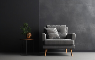 Stylish gray armchair in contemporary living room on empty dark gray wall background, Generative AI	
