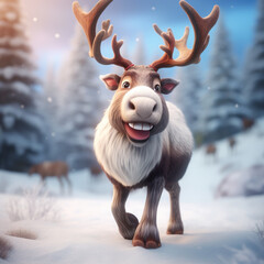 Christmas reindeer in the snowy forest. 3D illustration created with Generative AI technology - obrazy, fototapety, plakaty