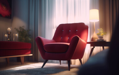Stylish interior design with maroon armchair in living room, Generative AI	