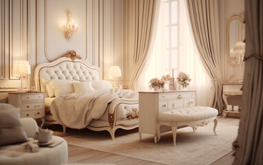  Elegance Ivory Bedroom with Classic Furniture and Soft Lighting, Generative AI	