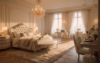 luxury timeless Elegance Ivory Bedroom with Classic Furniture and Soft Lighting, Generative AI	