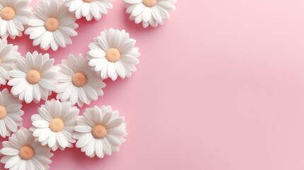 Fototapeta na wymiar Minimal styled concept. White daisy chamomile flowers on pale pink background. Creative lifestyle, summer, spring concept. Copy space, flat lay, 