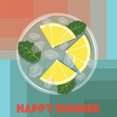 'happy summer' concept illustration  with lemonade with lemon and mint leaves. 