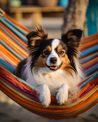 A Vibrant Beach Hammock Swinging a Lounging Papillon Dog with generative AI Technology
