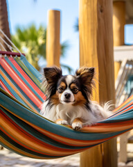 A Vibrant Beach Hammock Swinging a Lounging Papillon Dog with generative AI Technology