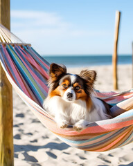 A Vibrant Beach Hammock Swinging a Lounging Papillon Dog with generative AI Technology