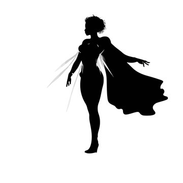 Silhouette Superhero Cape afro Woman, Black and white, Vector, high-quality, white background