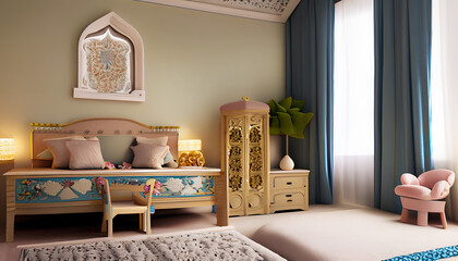 bedroom with a bed kids room design , Ai generated 