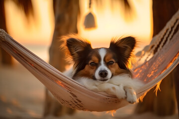 A Papillon dog relaxing in a beach hammock with generative AI Technology