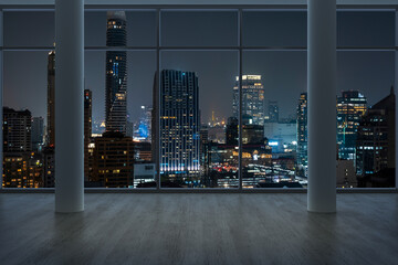 Empty room Interior Skyscrapers View Bangkok. Downtown City Skyline Buildings from High Rise Window. Beautiful Expensive Real Estate overlooking. Night time. 3d rendering.