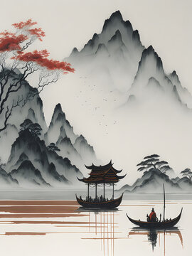 Muted Chinese ink painting AI generated 