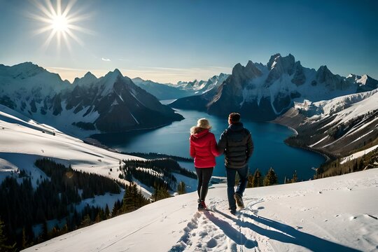 Image of a couple on top of a snowy mountain looking at an frozen alpine lake