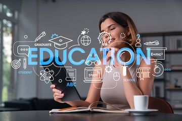 Smiling businesswoman in casual wear holding tablet device touching it at office workplace. Concept of distant work, business education, information technology. Math hologram