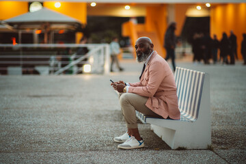 A pensive bald black man in a pink pale jacket sits on a striped bench, holding his phone, lost in...