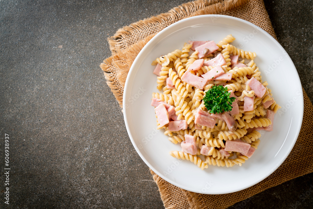 Canvas Prints spiral pasta mushroom cream sauce with ham