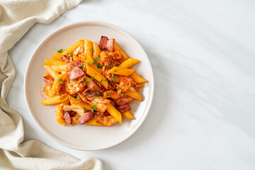 stir-fried penne pasta with kimchi and bacon