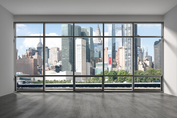 Fototapeta na wymiar Midtown New York City Manhattan Skyline Buildings from High Rise Window. Beautiful Expensive Real Estate. Empty room Interior Skyscrapers View Cityscape. Day time. East side. 3d rendering.