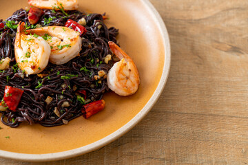 stir-fried black spaghetti with garlic and shrimps