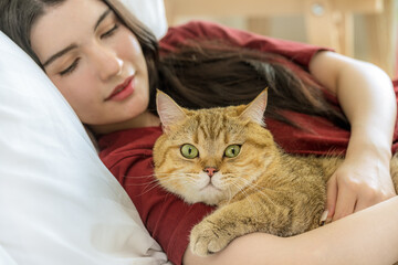 Closeup Portrait of Cute Cat in Young Woman's Arms, Bedroom Morning