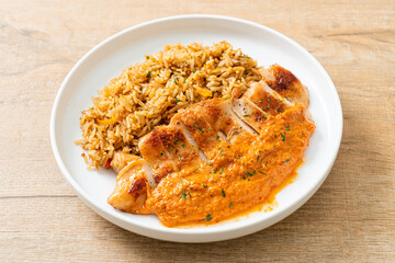 grilled chicken steak with red curry sauce and rice