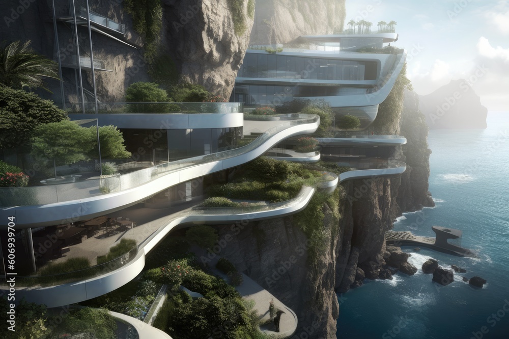 Wall mural modern building suspended on the edge of a cliff with a panoramic view of the surroundings generativ