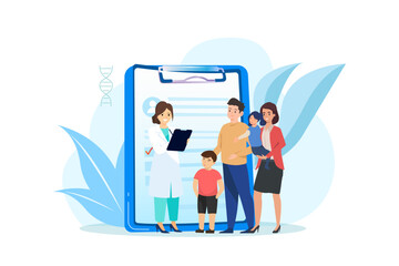 Health care and life insurance concept. Doctor and family people medical exam with big clipboard document. Vector illustration