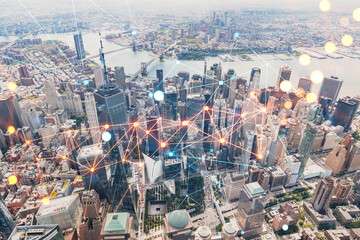 Aerial panoramic helicopter city view, Lower Manhattan, Downtown, New York, USA. World Trade Center, bridges. Social media hologram. Concept of networking and establishing new people connections
