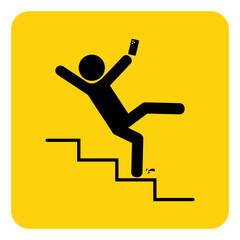 Isolated ilustration of yellow square sign with man slip fall on stair, do not use phone on stair safety sign 