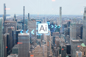 Fototapeta na wymiar Aerial panoramic city view of Upper Manhattan and Central Park, New York city, USA. Iconic skyscrapers of NYC. Artificial Intelligence concept, hologram. AI, machine learning, neural network, robotics